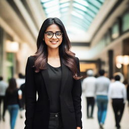 An attractive Indian girl with glasses, standing in a bustling mall, elegantly dressed in a black jacket.