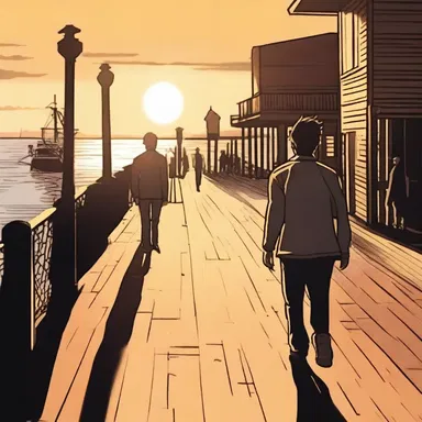 In the movie, the protagonist walks along the wharf as the sun sets in the background, creating a picturesque scene.