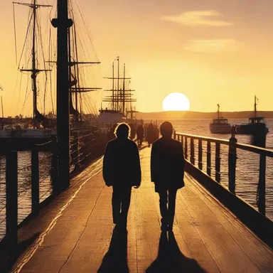 In the movie, the protagonist walks along the wharf as the sun sets in the background, creating a picturesque scene.