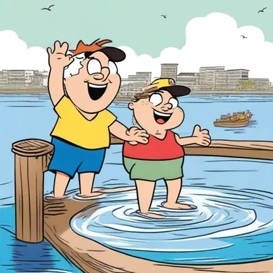 In the cartoon, the mischievous characters prank each other by pushing each other into the water from the wharf.
