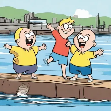 In the cartoon, the mischievous characters prank each other by pushing each other into the water from the wharf.