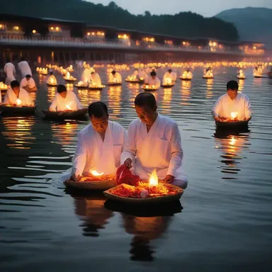 During the religious ceremony, devotees light lamps and set them adrift in the water near the wharf as a symbol of spiritual purification.