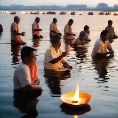 During the religious ceremony, devotees light lamps and set them adrift in the water near the wharf as a symbol of spiritual purification.