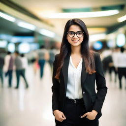 An attractive Indian girl with glasses, standing in a bustling mall, elegantly dressed in a black jacket.