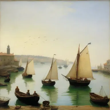 The famous painting depicted a serene seascape with several boats wharfed at the bustling harbor.