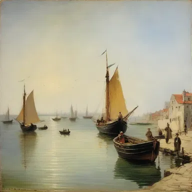The famous painting depicted a serene seascape with several boats wharfed at the bustling harbor.