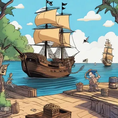 In the cartoon, the pirate ship wharfs at the dock to unload its treasure.