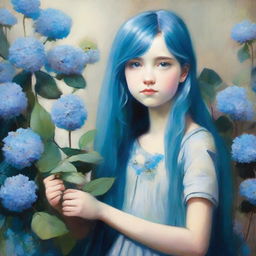 Teenage girl with long blue hair holding a blue hydrangea painting