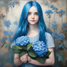 Teenage girl with long blue hair holding a blue hydrangea painting