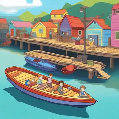 In the animated series, the characters dock their boat at the brightly colored wharf before embarking on their adventures.