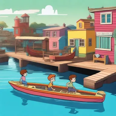 In the animated series, the characters dock their boat at the brightly colored wharf before embarking on their adventures.