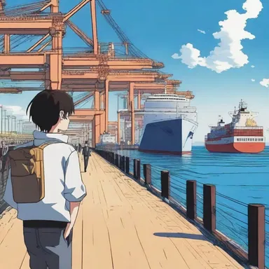 In the anime series, the protagonist often visits the bustling wharf to observe the grandeur of the massive cargo ships.