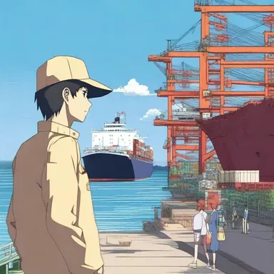 In the anime series, the protagonist often visits the bustling wharf to observe the grandeur of the massive cargo ships.