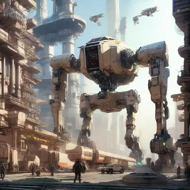 In the futuristic city, advanced robotic arms wharf the cargo onto the intergalactic ships.