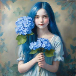 Teenage girl with long blue hair holding a blue hydrangea painting