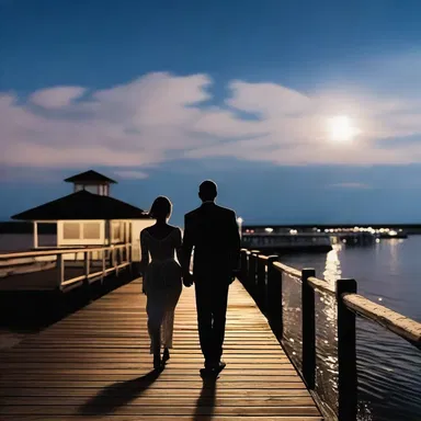 Under the moonlit sky, the couple held hands and gazed into the distance from the picturesque wharf.