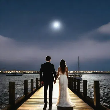 Under the moonlit sky, the couple held hands and gazed into the distance from the picturesque wharf.