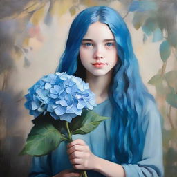 Teenage girl with long blue hair holding a blue hydrangea painting