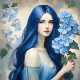 Elegant lady with blue long hair holding a blue hydrangea painting