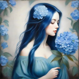 Elegant lady with blue long hair holding a blue hydrangea painting