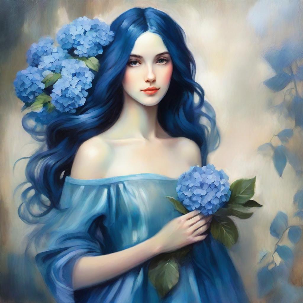 Elegant lady with blue long hair holding a blue hydrangea painting