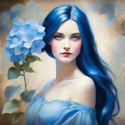 Elegant lady with blue long hair holding a blue hydrangea painting