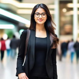 An attractive Indian girl with glasses, standing in a bustling mall, elegantly dressed in a black jacket.