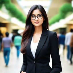 An attractive Indian girl with glasses, standing in a bustling mall, elegantly dressed in a black jacket.