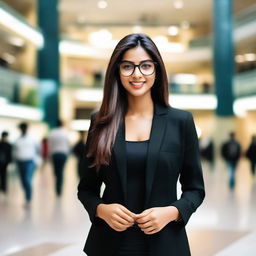 An attractive Indian girl with glasses, standing in a bustling mall, elegantly dressed in a black jacket.