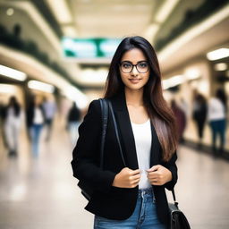 An attractive Indian girl with glasses, standing in a bustling mall, elegantly dressed in a black jacket.