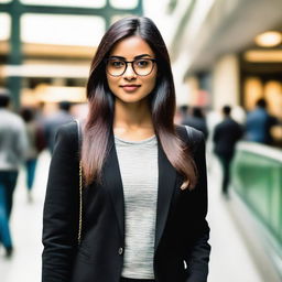 An elegant Indian girl wearing glasses, standing at a busy mall, stylishly dressed in a black jacket.