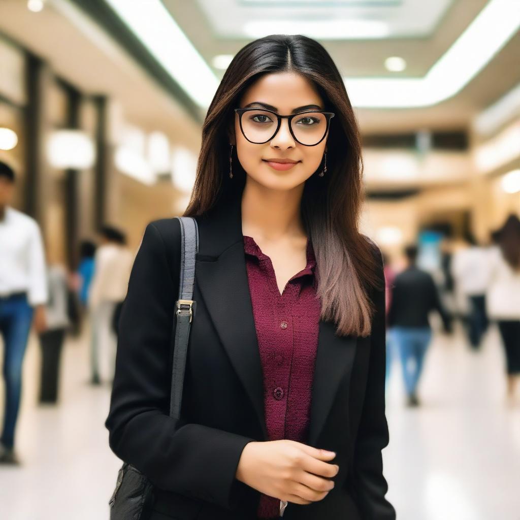 An elegant Indian girl wearing glasses, standing at a busy mall, stylishly dressed in a black jacket.