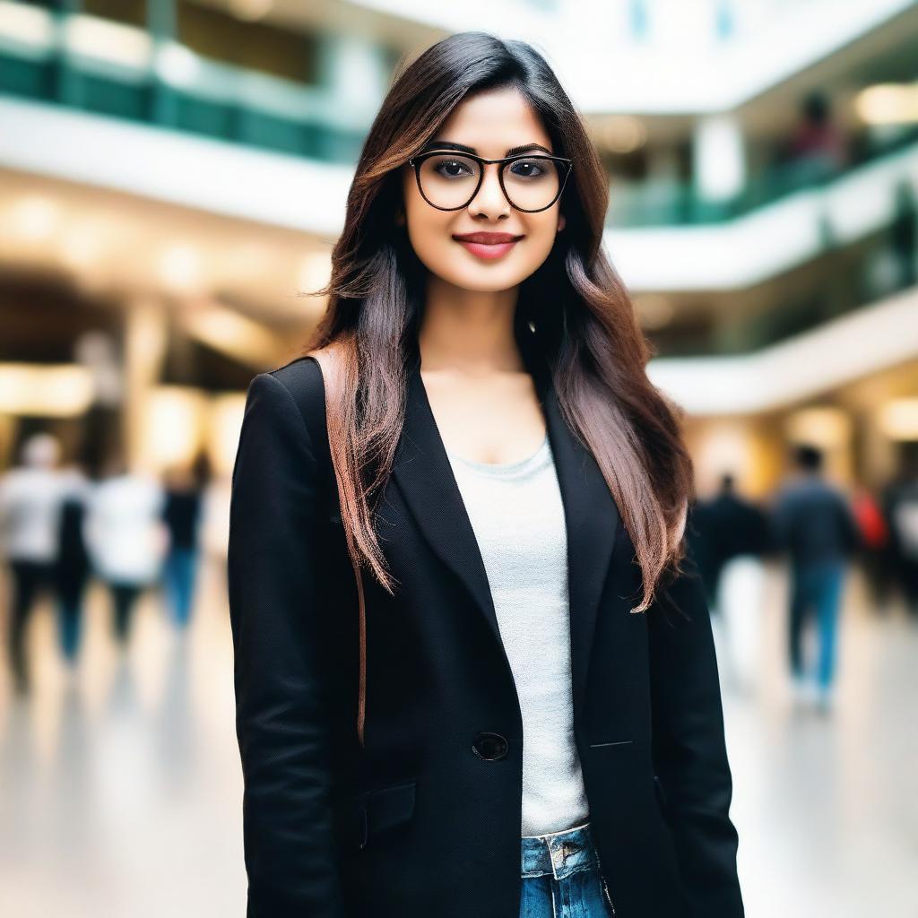 An elegant Indian girl wearing glasses, standing at a busy mall, stylishly dressed in a black jacket.