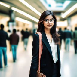 An elegant Indian girl wearing glasses, standing at a busy mall, stylishly dressed in a black jacket.