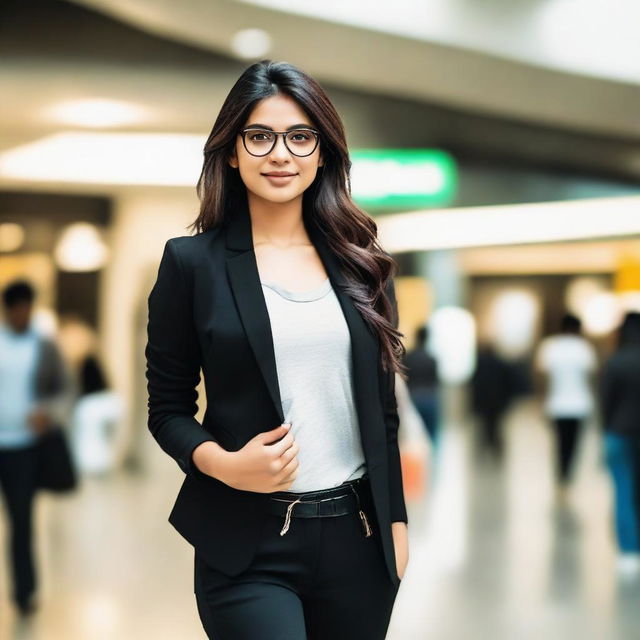 An elegant Indian girl wearing glasses, standing at a busy mall, stylishly dressed in a black jacket.