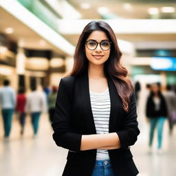 An elegant Indian girl wearing glasses, standing at a busy mall, stylishly dressed in a black jacket.