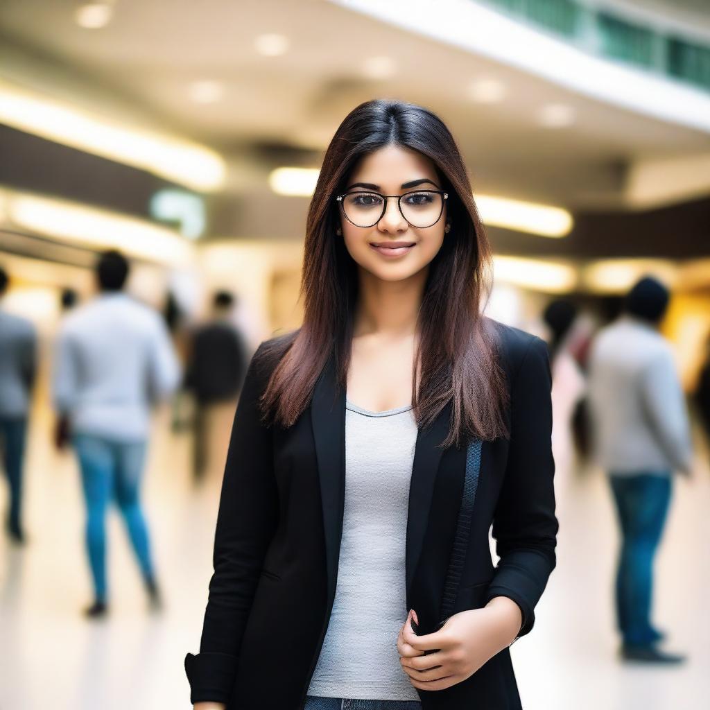 An elegant Indian girl wearing glasses, standing at a busy mall, stylishly dressed in a black jacket.