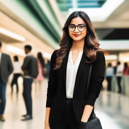 An elegant Indian girl wearing glasses, standing at a busy mall, stylishly dressed in a black jacket.