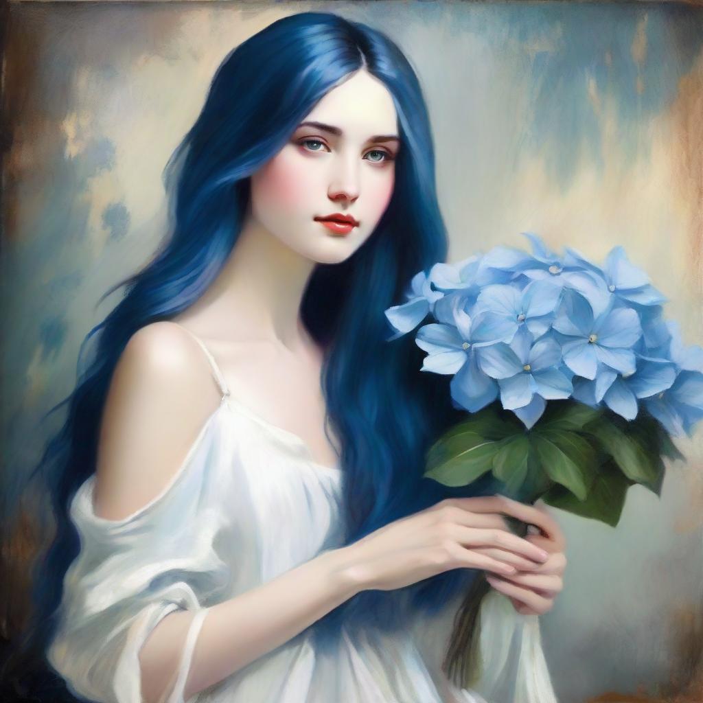 Elegant lady with blue long hair, wearing a long white dress, holding a blue hydrangea painting