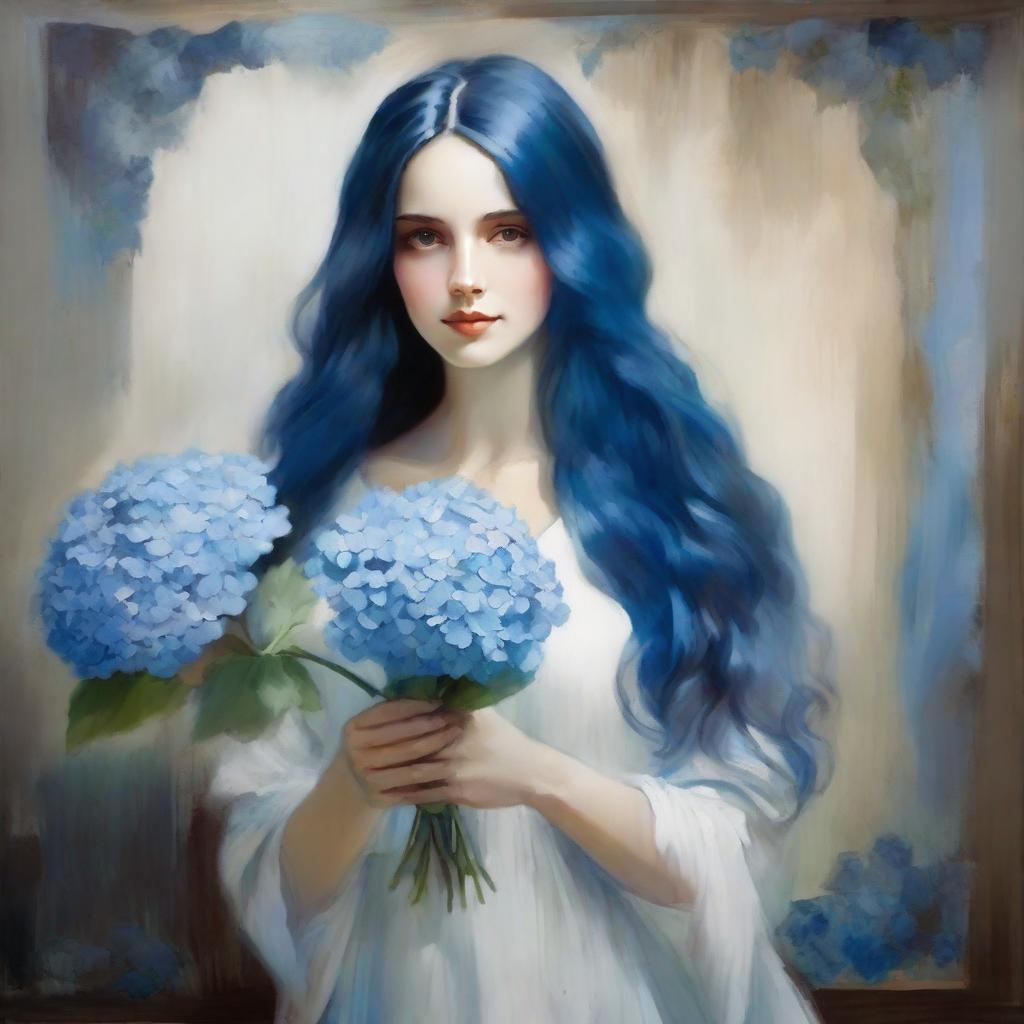 Elegant lady with blue long hair, wearing a long white dress, holding a blue hydrangea painting