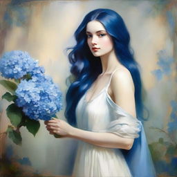 Elegant lady with blue long hair, wearing a long white dress, holding a blue hydrangea painting