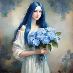 Elegant lady with blue long hair, wearing a long white dress, holding a blue hydrangea painting