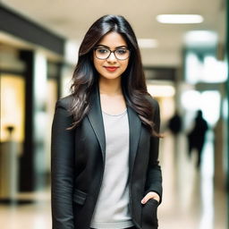 An attractive Indian girl with glasses, standing in a bustling mall, stylishly wearing a black jacket.