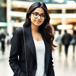 An attractive Indian girl with glasses, standing in a bustling mall, stylishly wearing a black jacket.