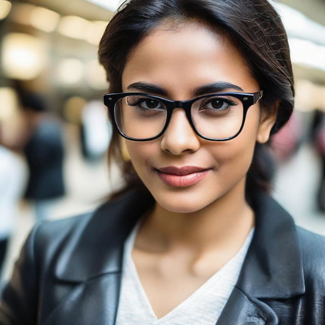 An attractive Indian girl with glasses, standing in a bustling mall, stylishly wearing a black jacket.