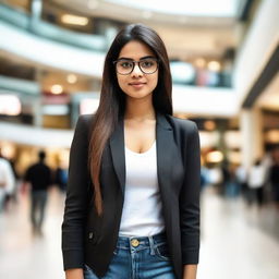 An attractive Indian girl with glasses, standing in a bustling mall, stylishly wearing a black jacket.