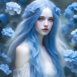 Mystical lady with long blue hair and a white dress, a blue hydrangea adorning her right eye, with streaks of azure blood on her face