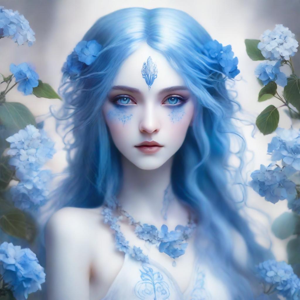 Mystical lady with long blue hair and a white dress, a blue hydrangea adorning her right eye, with streaks of azure blood on her face