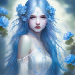 Mystical lady with long blue hair and a white dress, a blue hydrangea adorning her right eye, with streaks of azure blood on her face