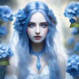 Mystical lady with long blue hair and a white dress, a blue hydrangea adorning her right eye, with streaks of azure blood on her face